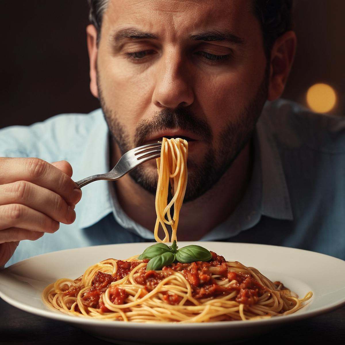 cinematic film still of A detailed and A perfect photo of a very hungry man eating spaghetti from a bowl with a fork next...