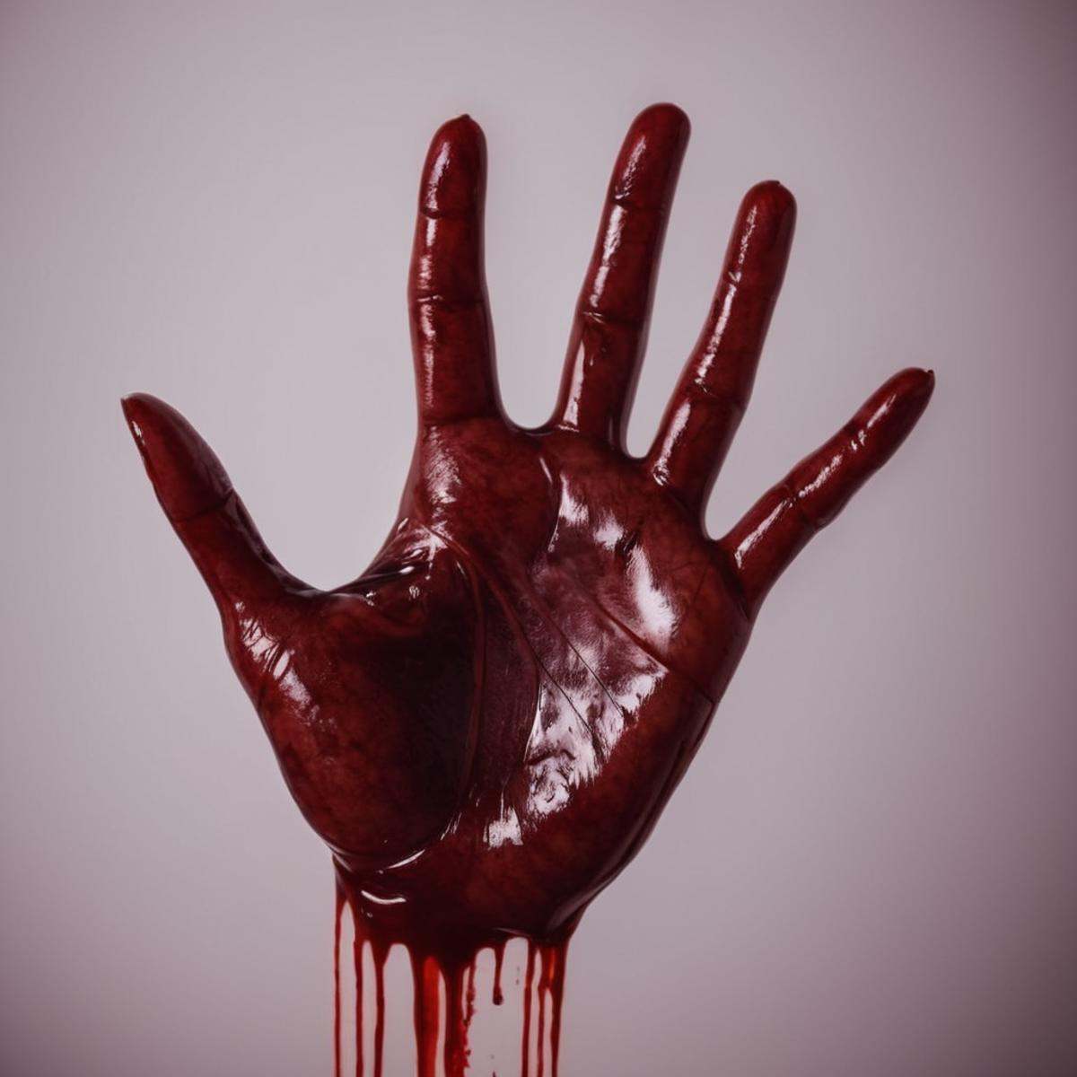 cinematic film still of A detailed and A perfect photo of a bloody transparent hand with a bunch of blood on it,  shallow...