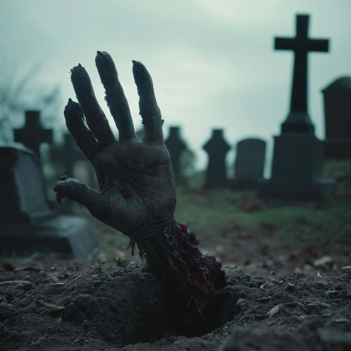 cinematic film still of A detailed and A perfect photo of a zombie hand sticking out of a grave,  hand focus,  shallow dep...