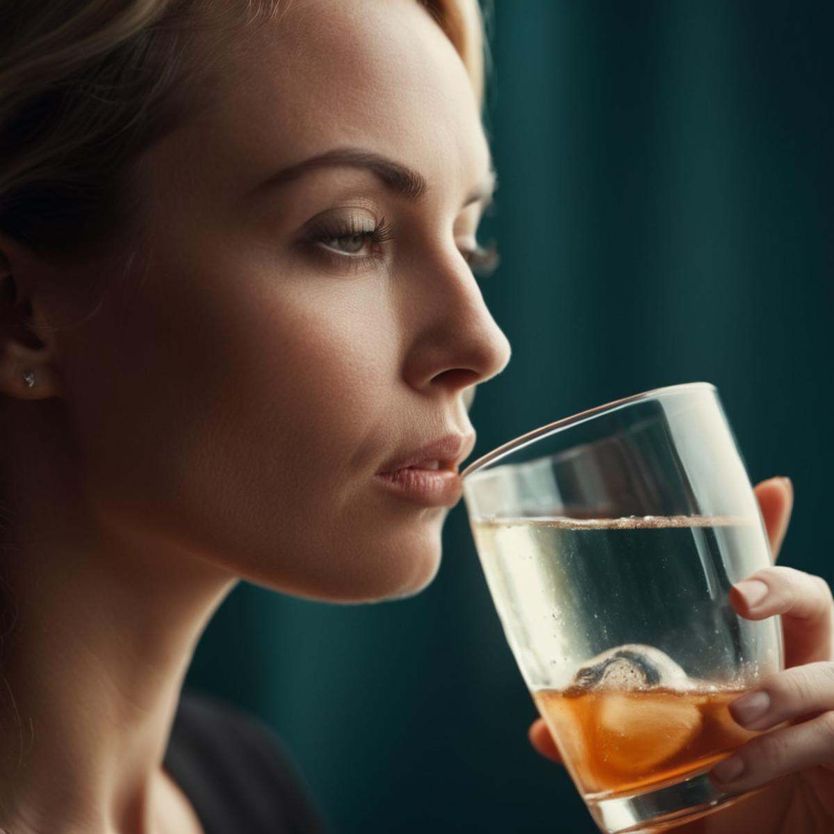 cinematic film still of A perfect detailed photo of a woman drinking a drink out of a glass,  shallow depth of field,  vig...