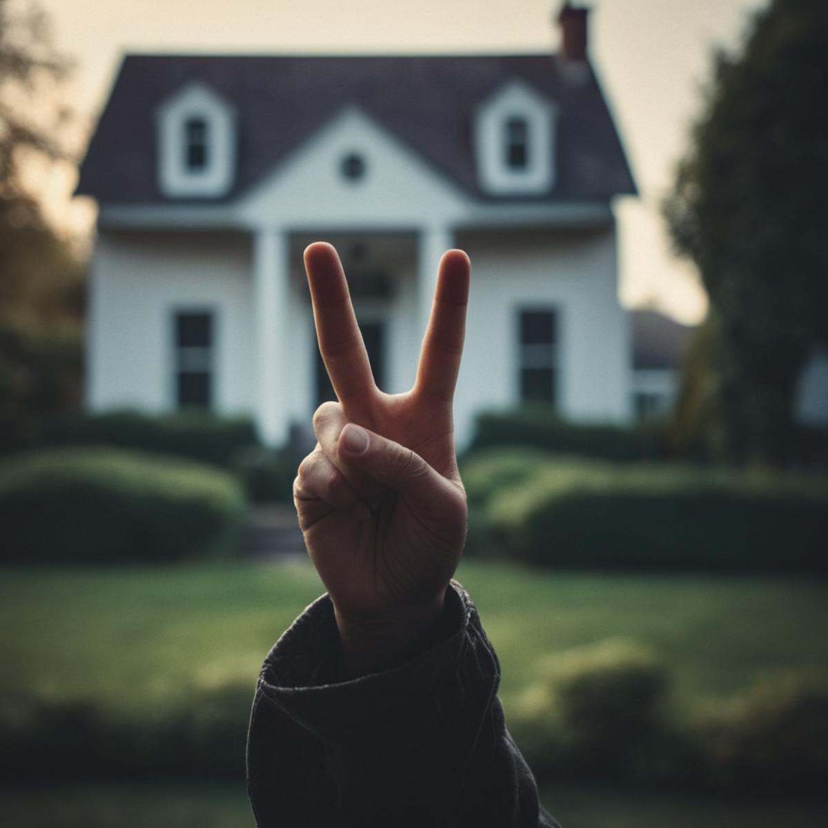 cinematic film still of A perfect detailed photo of a person holding up a peace sign in front of a house,  shallow depth o...