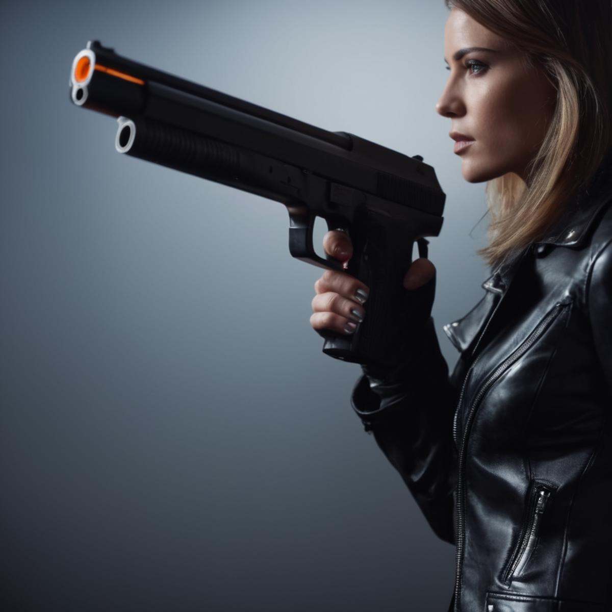 cinematic film still of A detailed and A perfect photo of a side view of a person in a black leather jacket holding a modi...