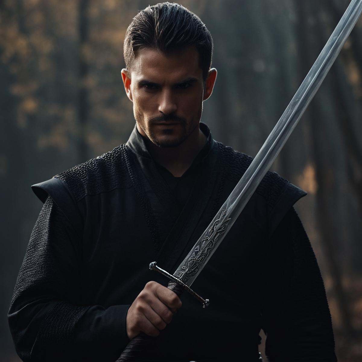 cinematic film still of A perfect detailed photo of a man in a black outfit holding a sword,  shallow depth of field,  vig...