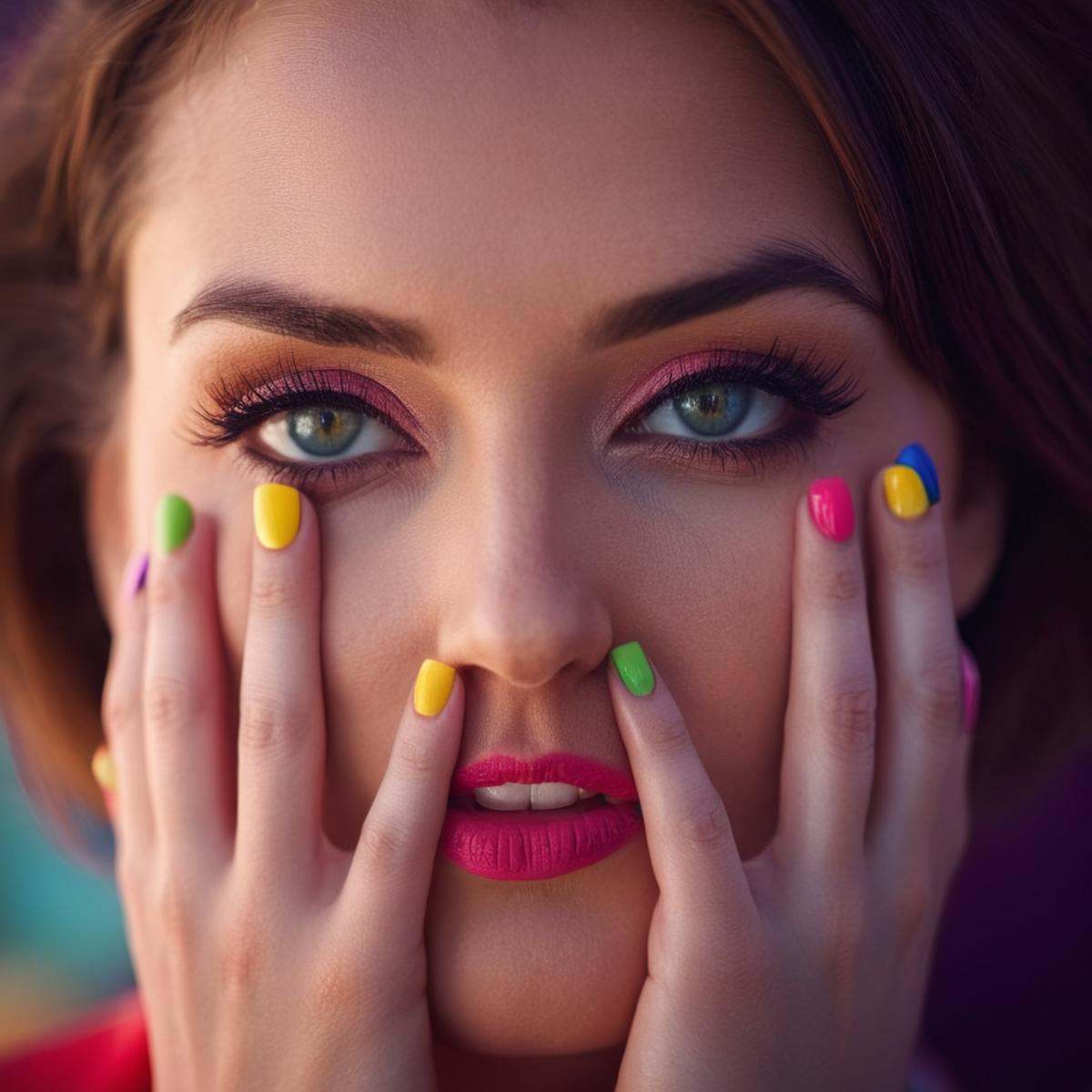 cinematic film still of A detailed and A perfect photo of a woman with colorful nails covering her eyes,  shallow depth of...