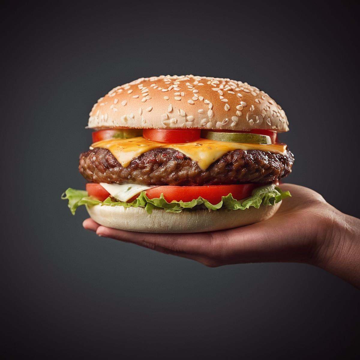 cinematic film still of A perfect detailed photo of a person holding a hamburger with cheese and tomato,  shallow depth of...