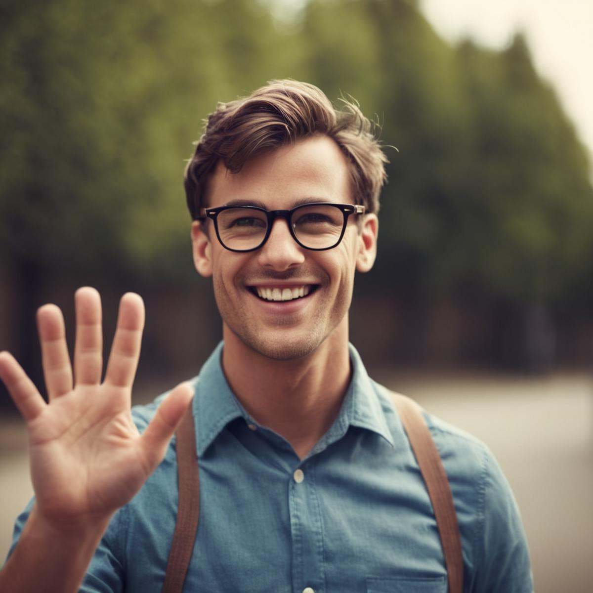cinematic film still of A perfect detailed photo of a happy nerd man with glasses is waving to camera,  shallow depth of f...