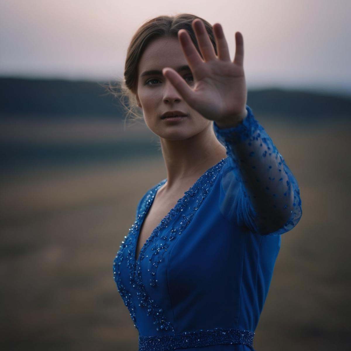 cinematic film still of A perfect detailed photo of a woman in a blue dress is holding her hand up,  shallow depth of fiel...