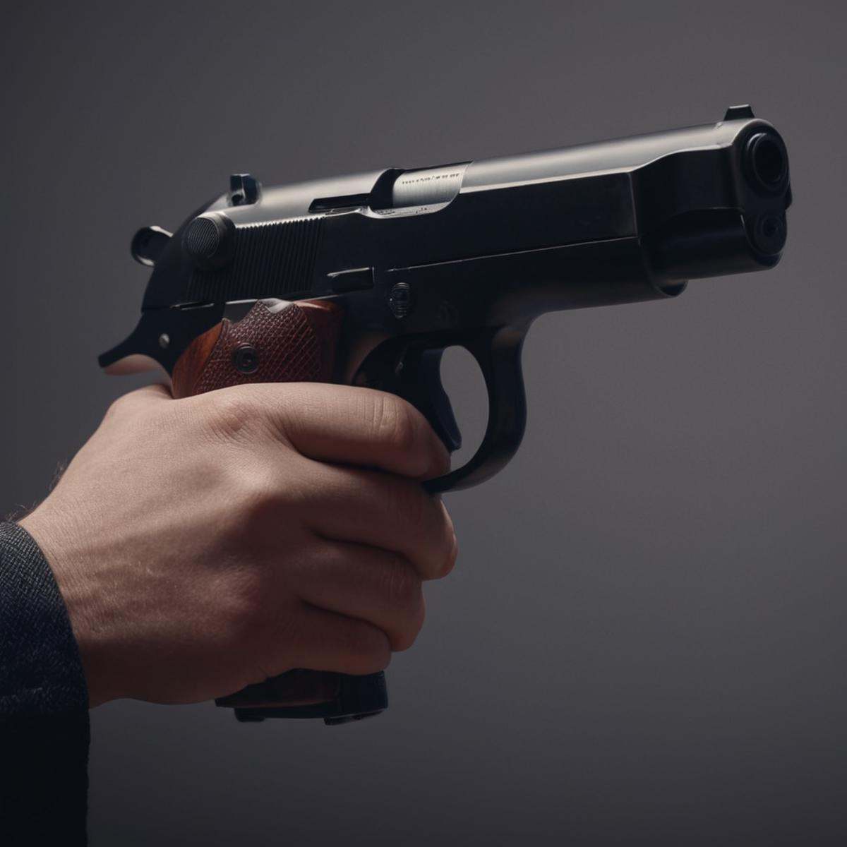 cinematic film still of A detailed and A perfect photo of a side view of a person holding a black hand gun in their perfec...