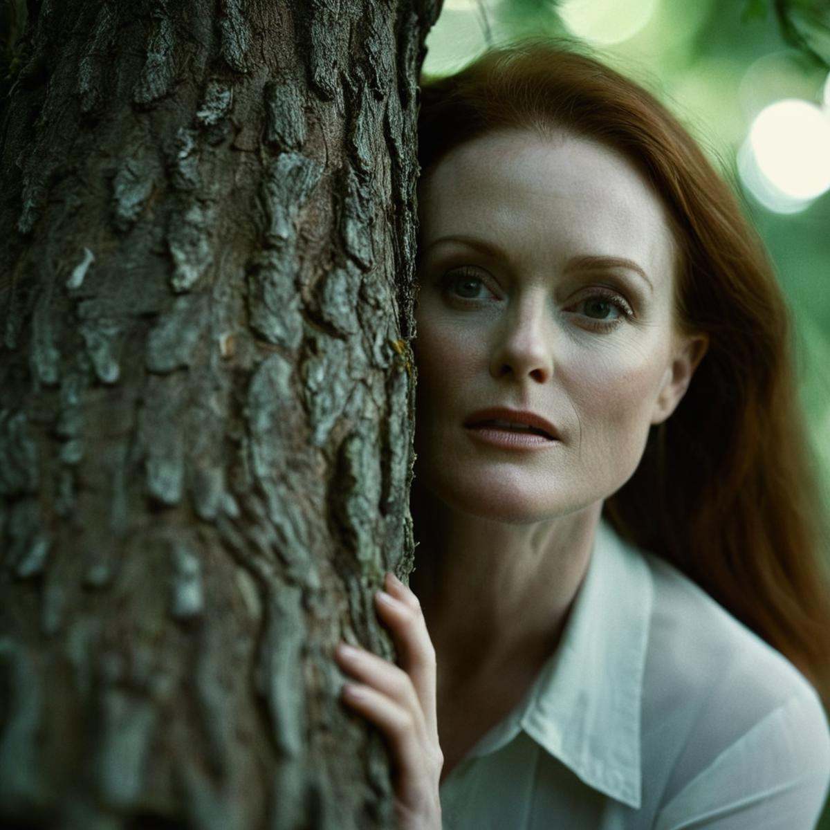 cinematic film still of A detailed and A perfect photo of young julianne moore a woman leaning against a tree trunk,  hand...