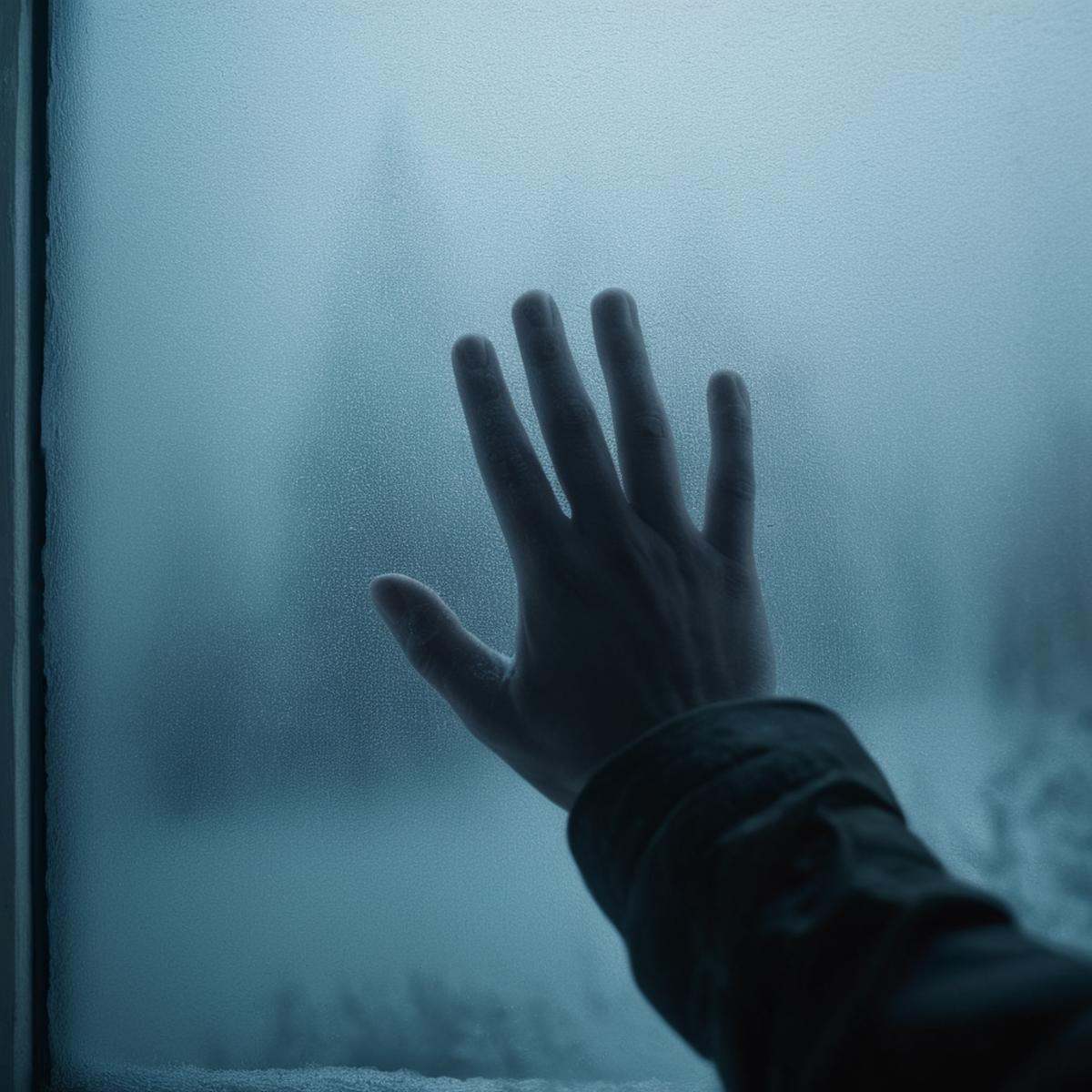 cinematic film still of A detailed and A perfect photo of a person behind a frosted misty glass with their hands pressed u...