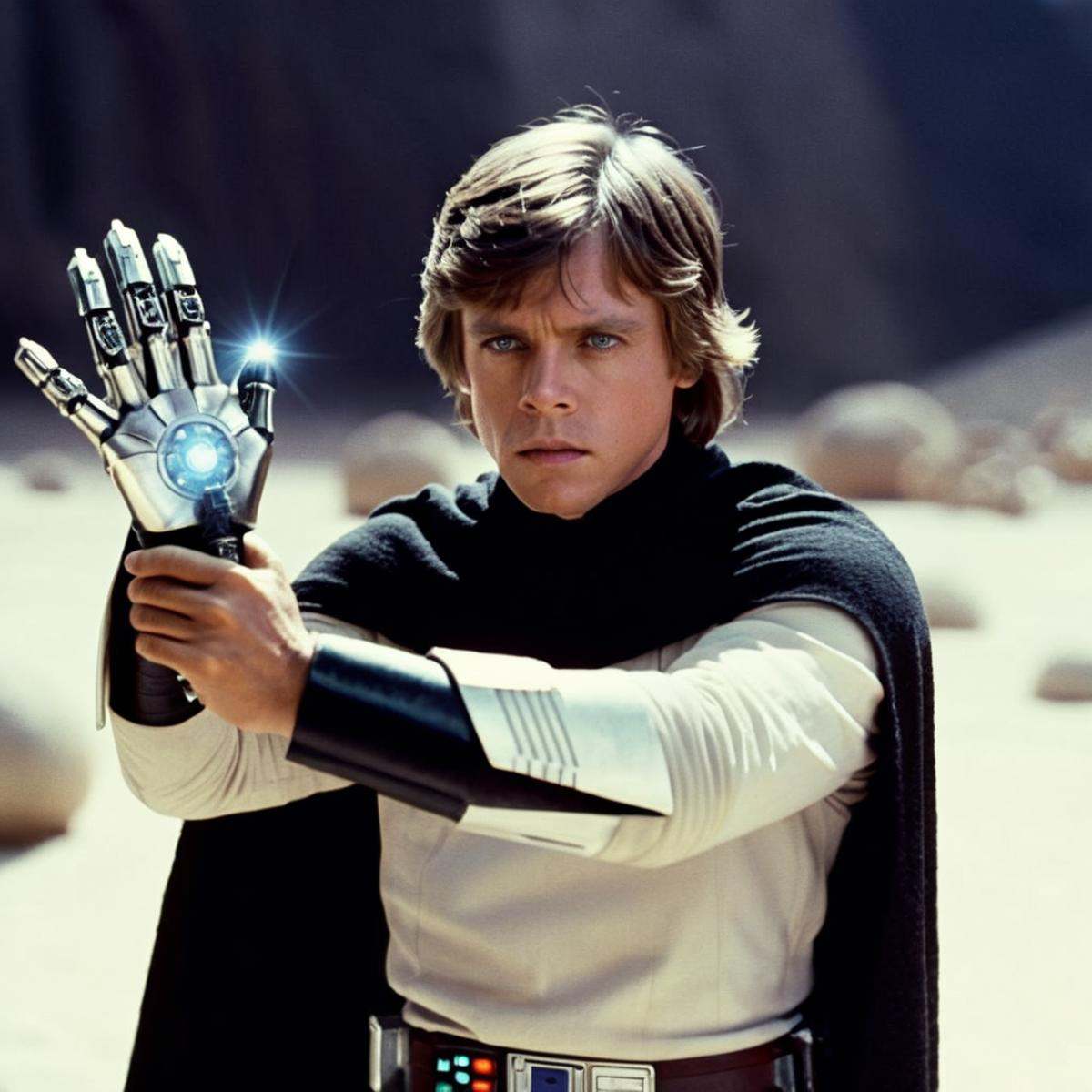 cinematic film still of Luke Skywalker an man with a cape and futuristic cyborg hand in star wars universe,  shallow depth...