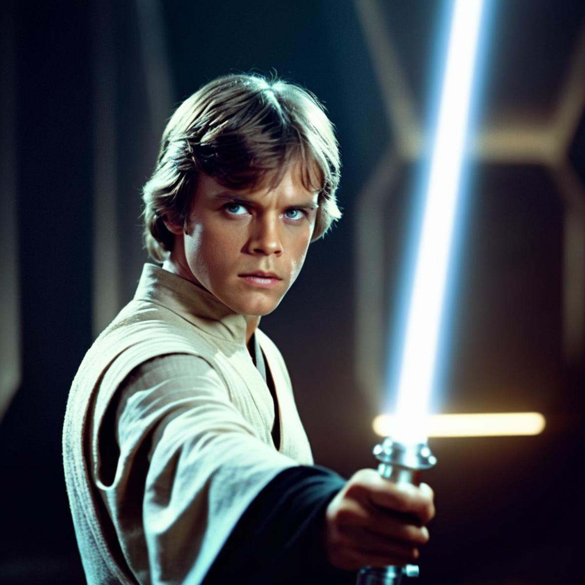 cinematic film still of Luke Skywalker a young man holding a light saber in a room in star wars universe,  shallow depth o...