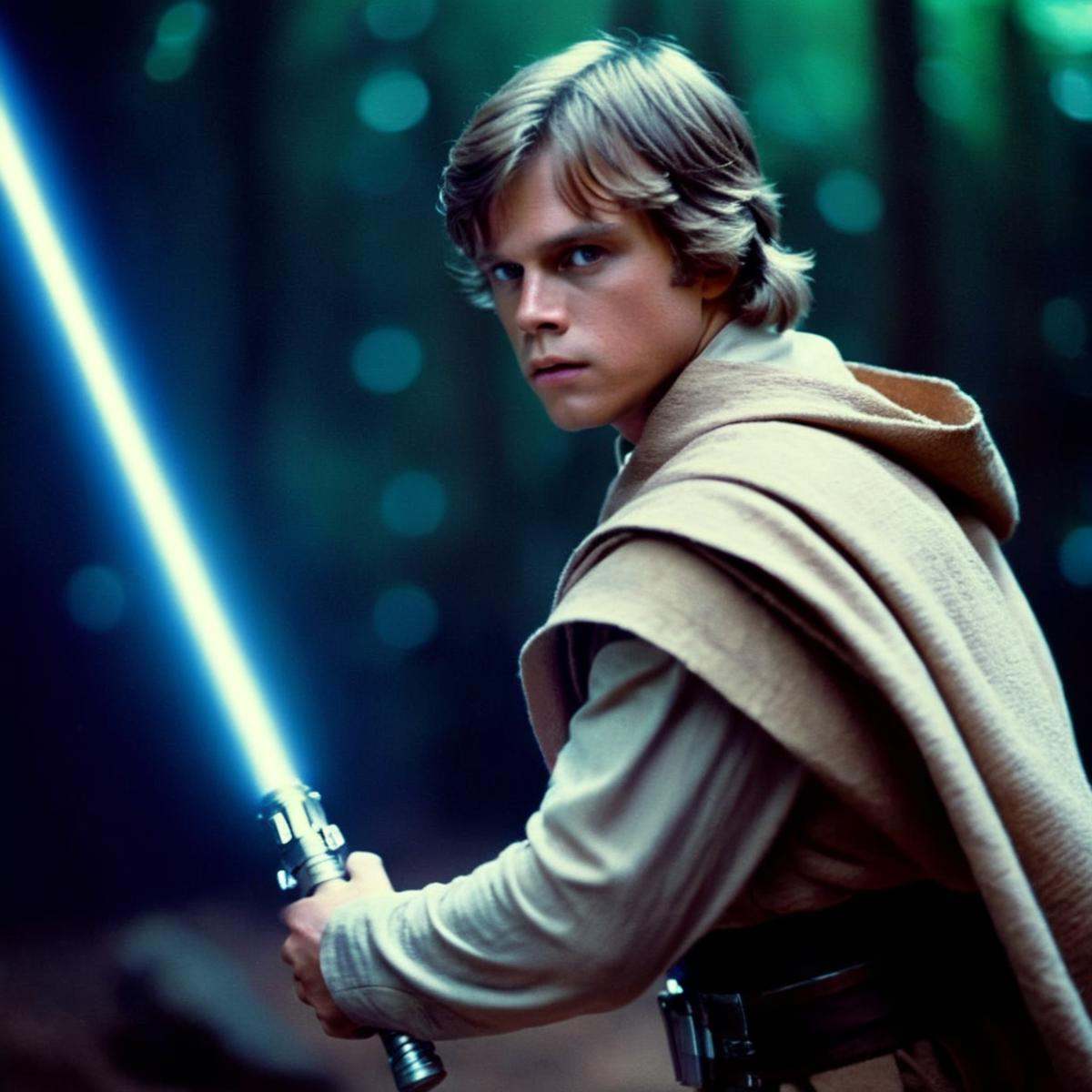 cinematic film still of Luke Skywalker a young man with a lightsaber sword in his hand in star wars universe,  shallow dep...