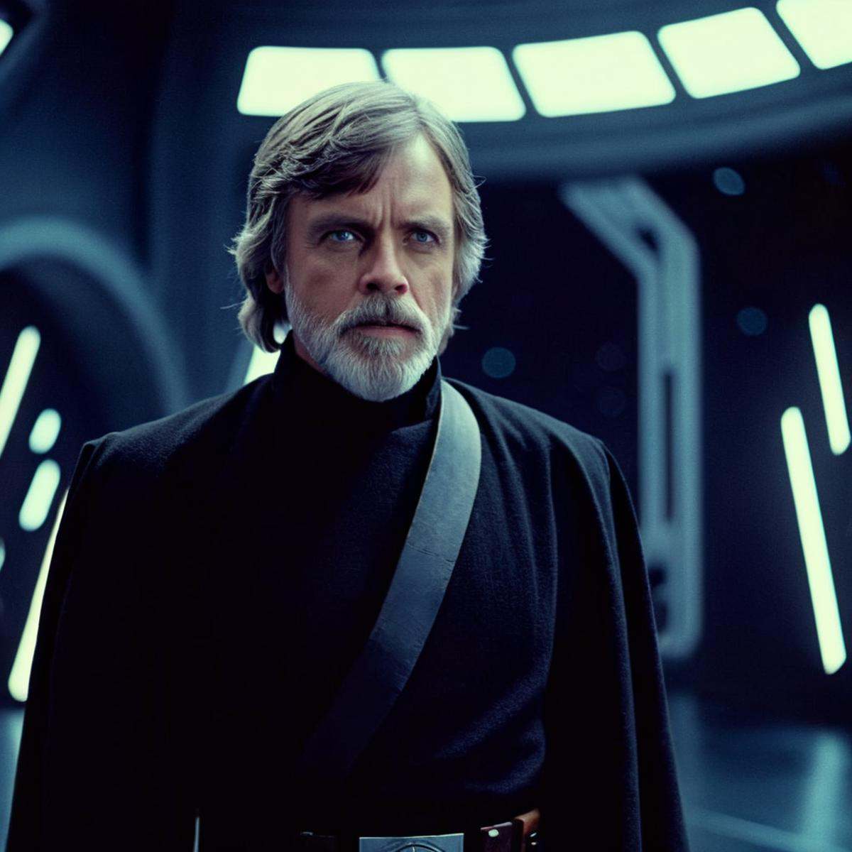 cinematic film still of Luke Skywalker a man with a grey beard and a black jacket in star wars universe,  shallow depth of...