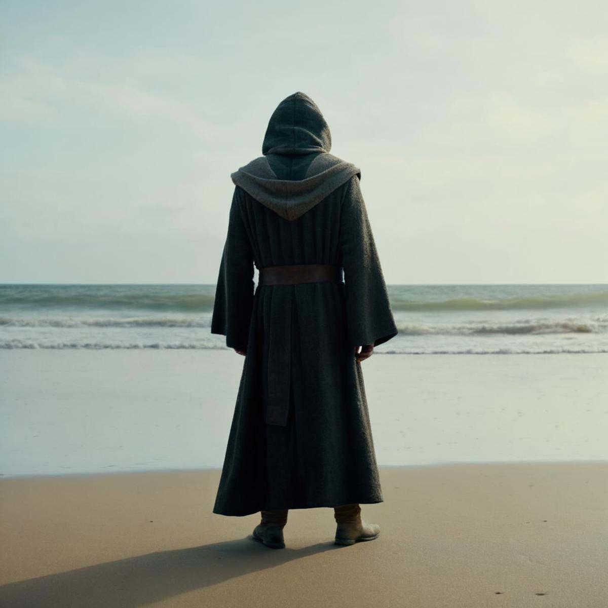 cinematic film still of Luke Skywalker an old man in a hooded robe standing on a beach in star wars universe,  shallow dep...