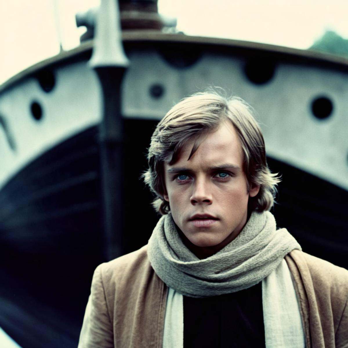 cinematic film still of Luke Skywalker a young man with a scarf on standing in front of a boat in star wars universe,  sha...