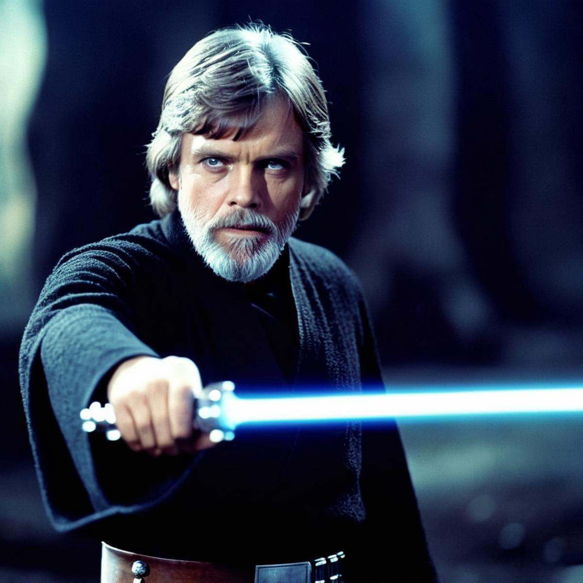 cinematic film still of Luke Skywalker a man with a grey beard and a light saber in star wars universe,  shallow depth of...