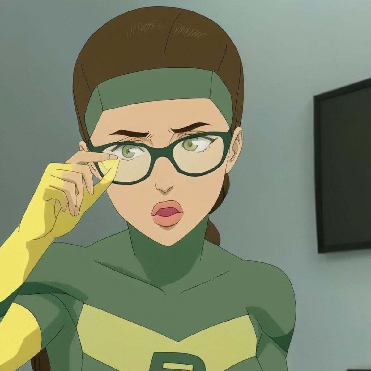 anime artwork of detailed perfect Shrinking Rae Rachel a woman in a green and yellow costume,  holding eyeglasses with her...