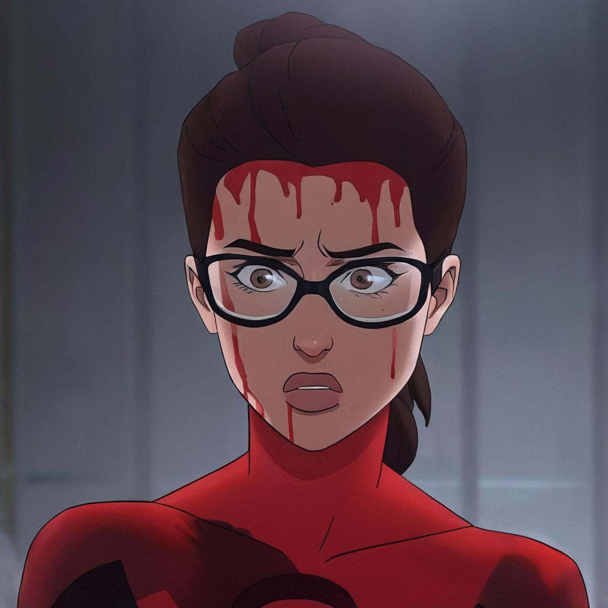 cinematic film still of detailed perfect Shrinking Rae Rachel a cartoon character covered in blood stain while looking at...