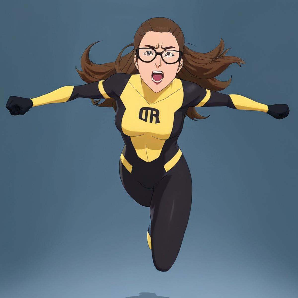 anime artwork of detailed perfect Shrinking Rae Rachel a woman in a yellow and black outfit holding a fork while running a...
