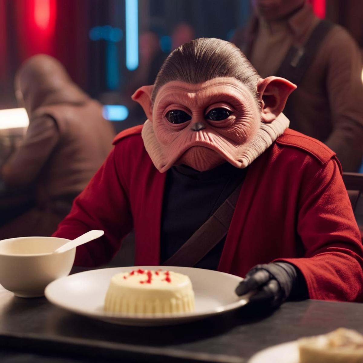 cinematic film still of Nien Nunb a person in a red shirt sitting in dinner eating a cake in star wars universe,  shallow...
