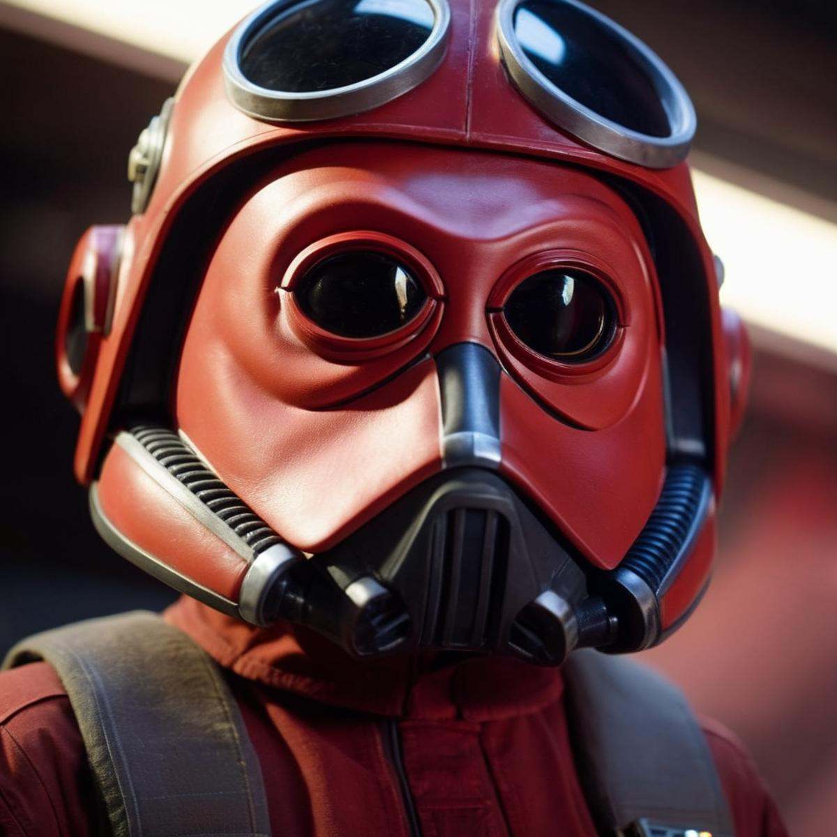cinematic film still of Nien Nunb a closeup of a person wearing a pilot helmet on in star wars universe,  shallow depth of...