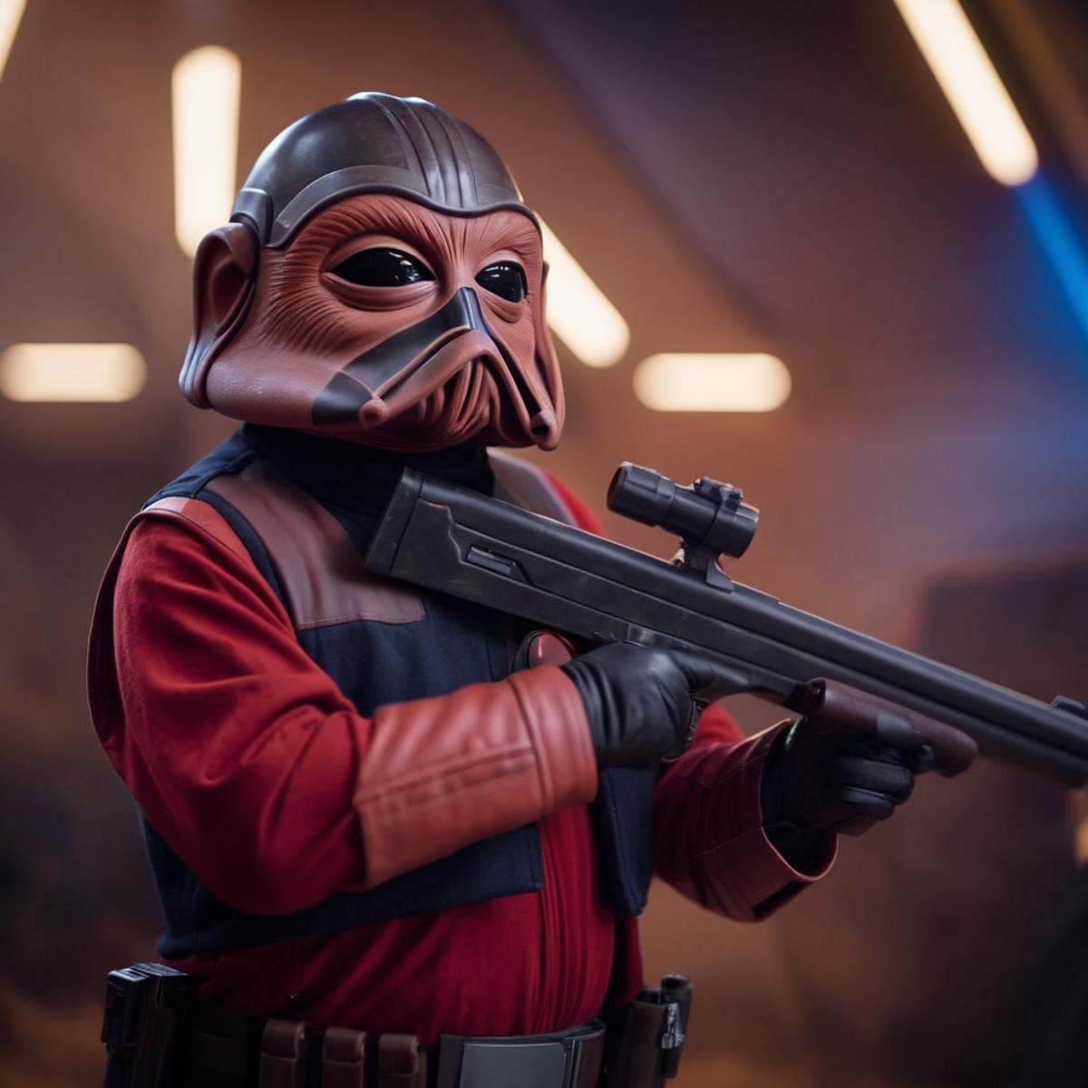 cinematic film still of Nien Nunb a person in a costume holding a gun in star wars universe,  shallow depth of field,  vig...
