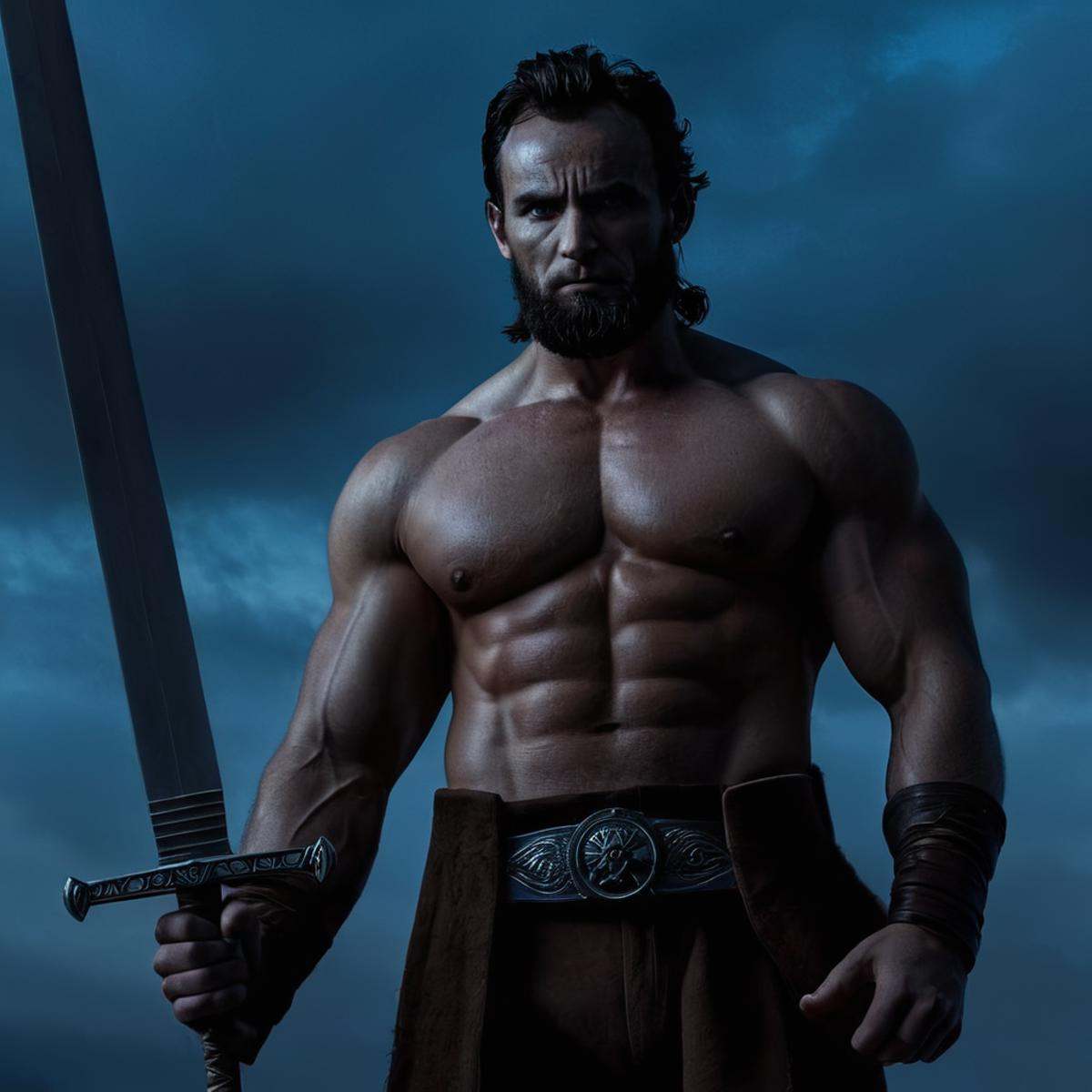 cinematic film still of detailed perfect Abraham The_Immortal_2 a shirtless barbarian man with a sword standing in front o...