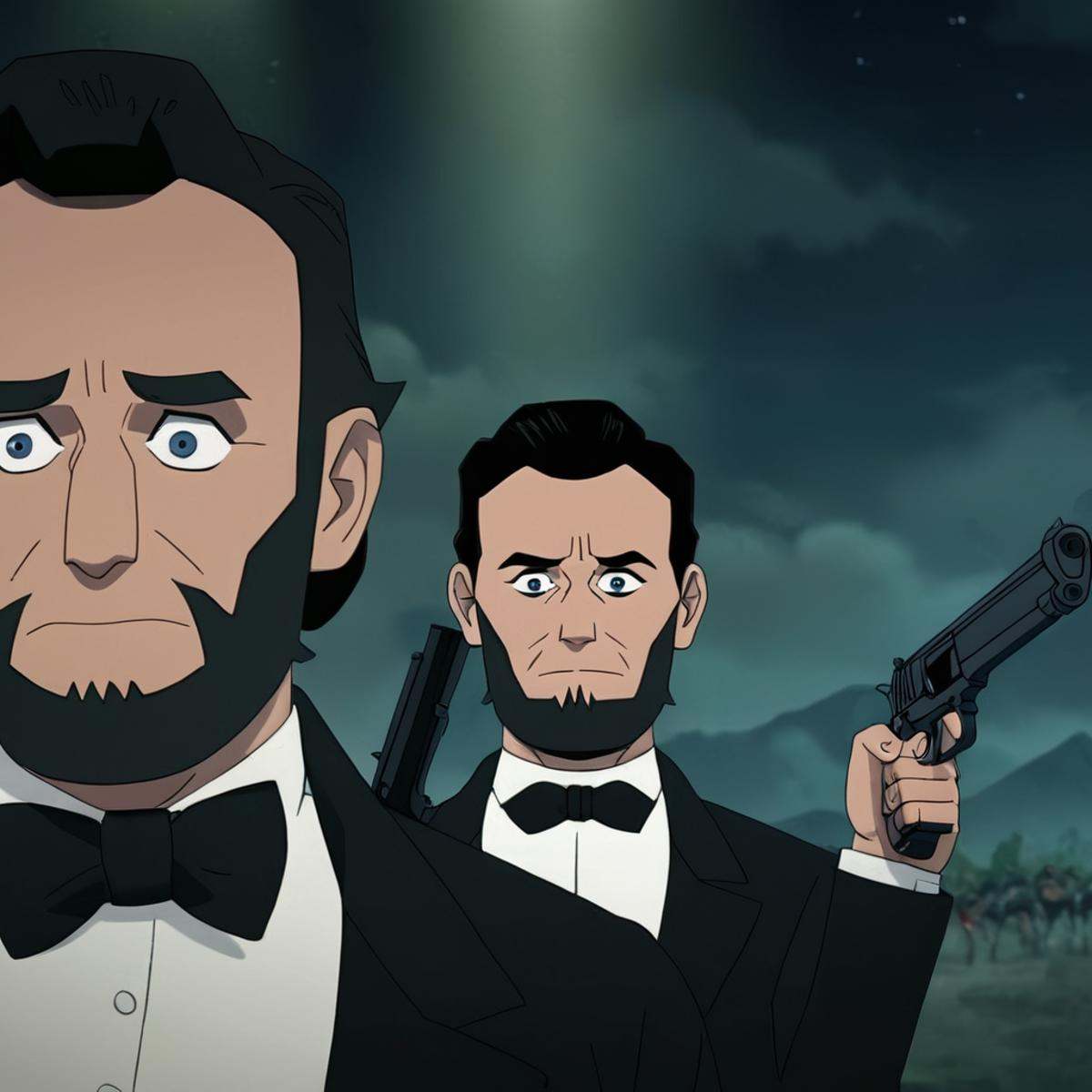 cinematic film still of detailed perfect Abraham The_Immortal_2 a cartoon of a Abraham lincoln man looking at another man...