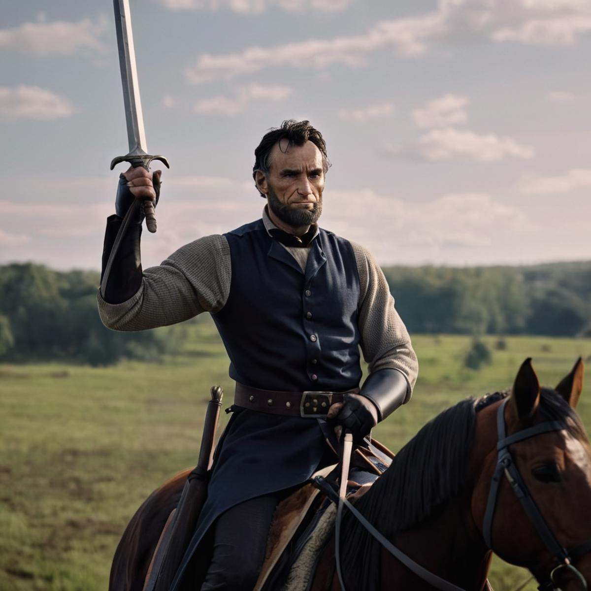 cinematic film still of detailed perfect Abraham The_Immortal_2 a middle ages warrior man riding a horse with a sword in h...