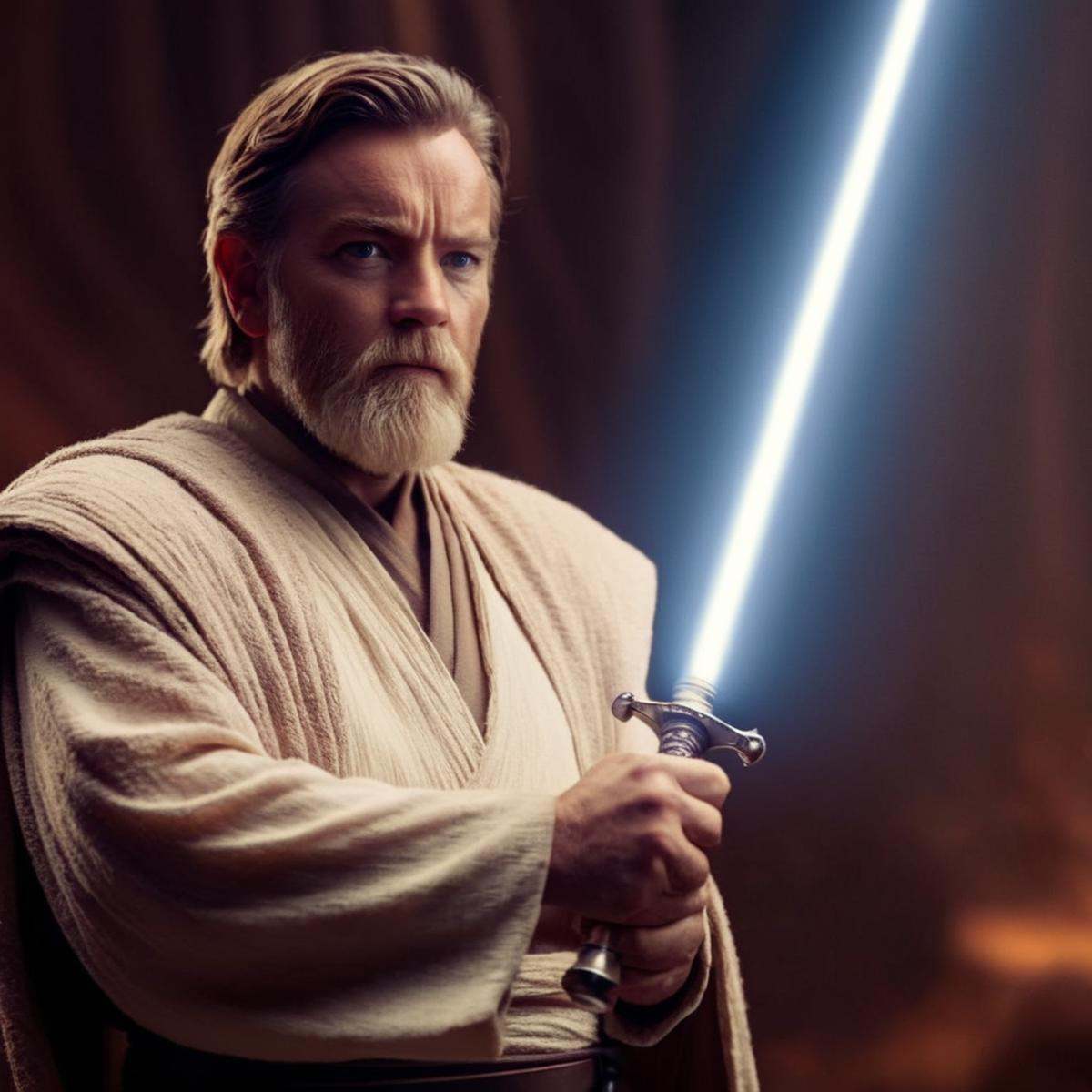cinematic film still of Obi-Wan Kenobi an old grey beard man with a sword in his hand in star wars universe,  shallow dept...