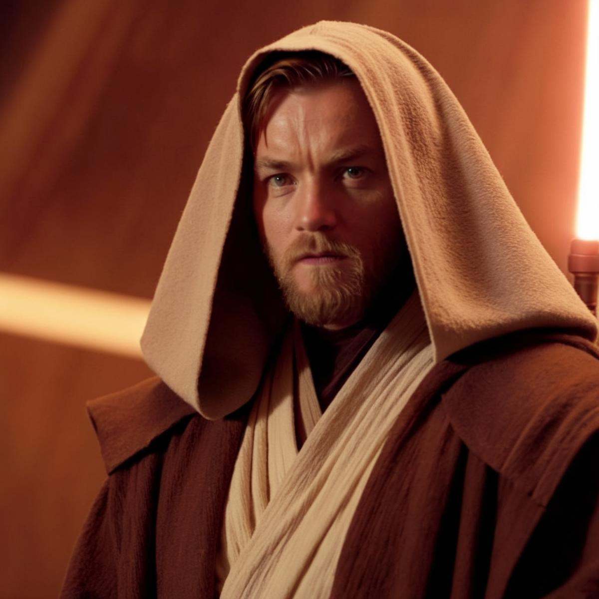cinematic film still of Obi-Wan Kenobi a man with a hood on and a beard in star wars universe,  shallow depth of field,  v...