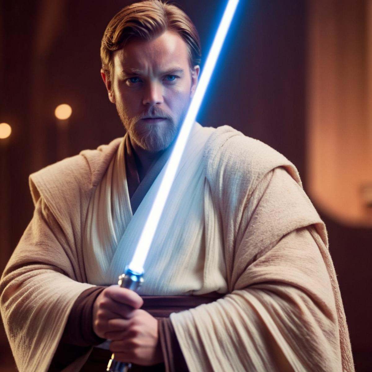 cinematic film still of Obi-Wan Kenobi a young man in a jedi costume holding a light saber in star wars universe,  shallow...