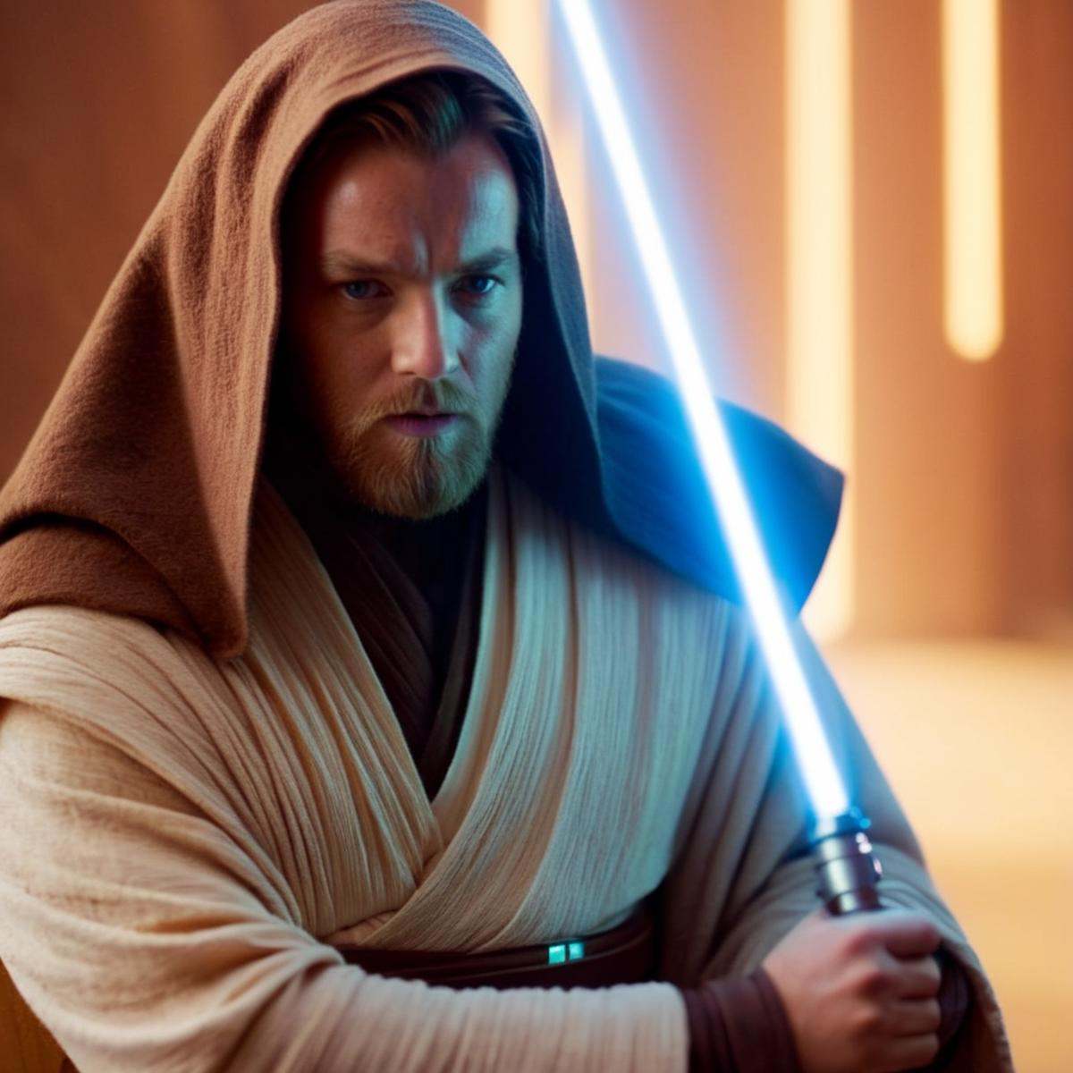 cinematic film still of Obi-Wan Kenobi a man dressed in a jedi - wars outfit holding a light saber in star wars universe,...