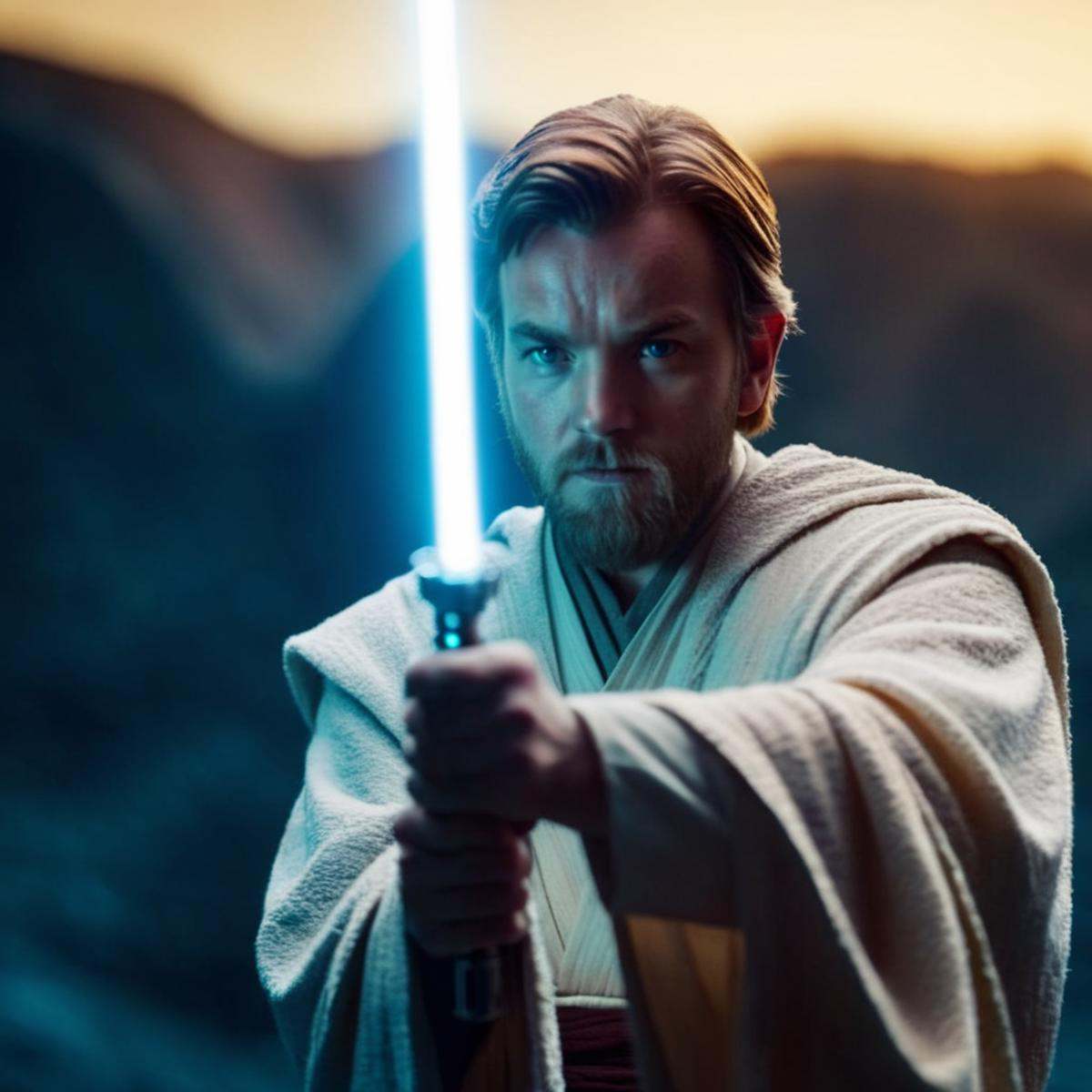 cinematic film still of Obi-Wan Kenobi a young man in a robe holding a light saber in star wars universe,  shallow depth o...