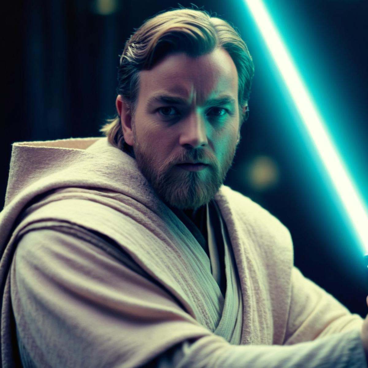 cinematic film still of Obi-Wan Kenobi a man in a jedi costume holding a light saber in star wars universe,  shallow depth...