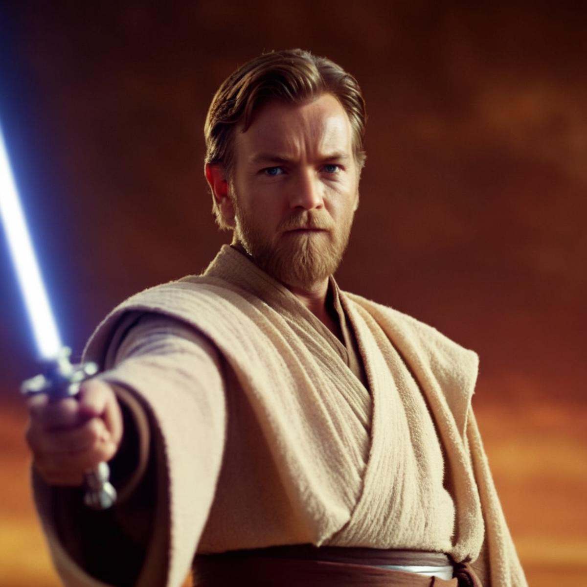 cinematic film still of Obi-Wan Kenobi an old man with a sword in his hand in star wars universe,  shallow depth of field,...