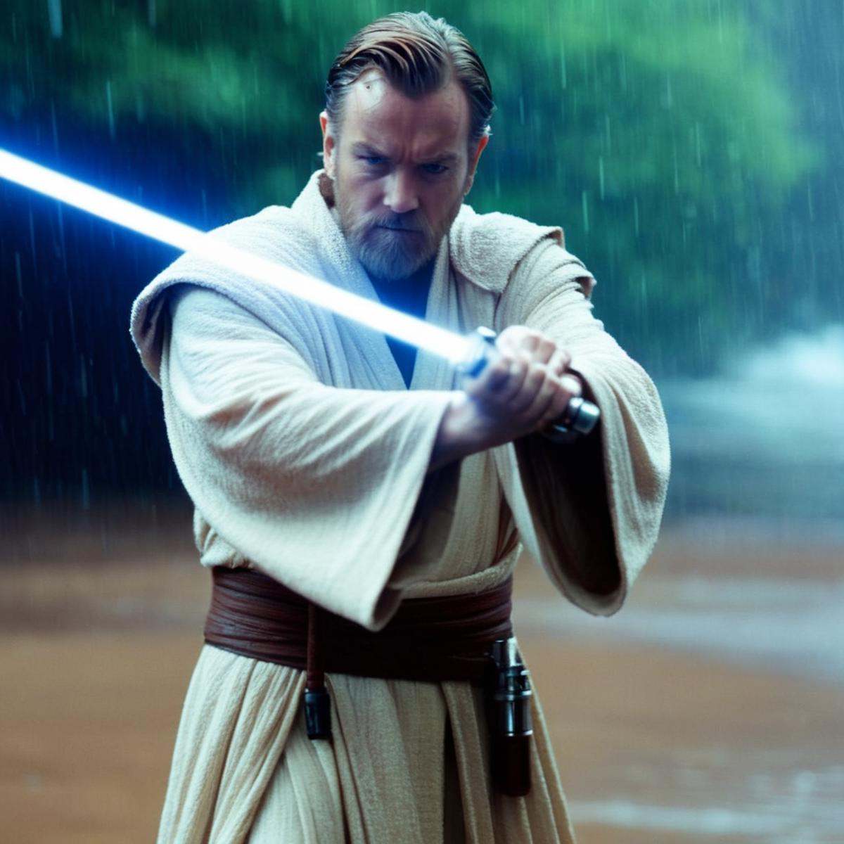 cinematic film still of Obi-Wan Kenobi a wet man in a wet robe holding a light saber in the rain in star wars universe,  s...