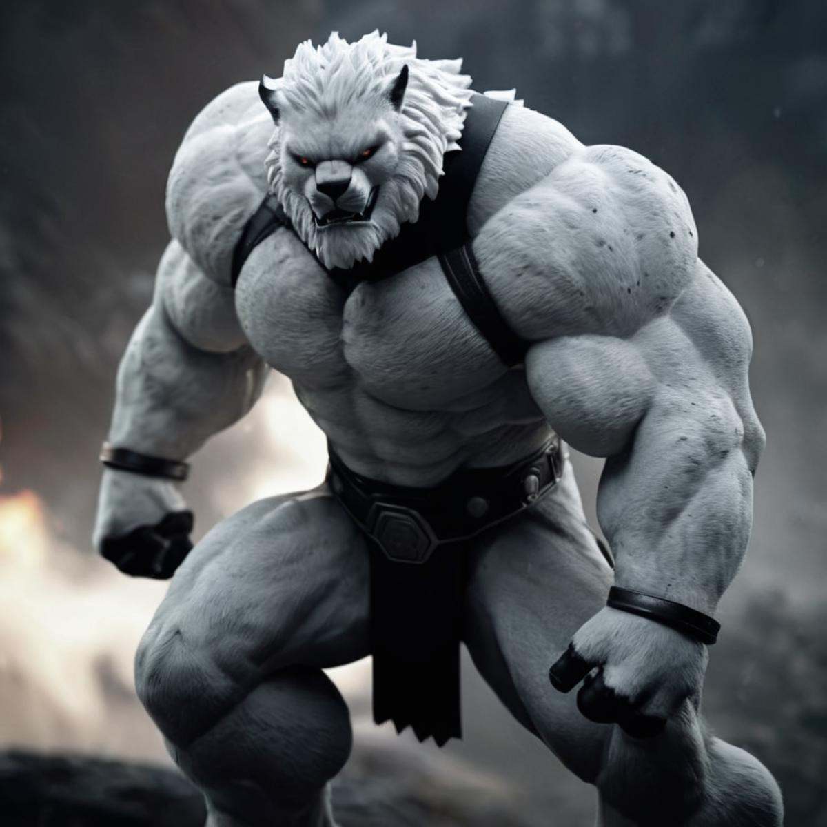 cinematic film still of detailed perfect Thokk Battle Beast a white character with a detailed muscular body,  shallow dept...
