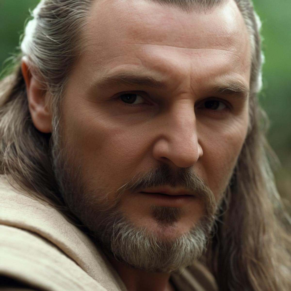 cinematic film still of Qui-Gon Jinn a closeup of a man with long hair and a beard in star wars universe,  shallow depth o...