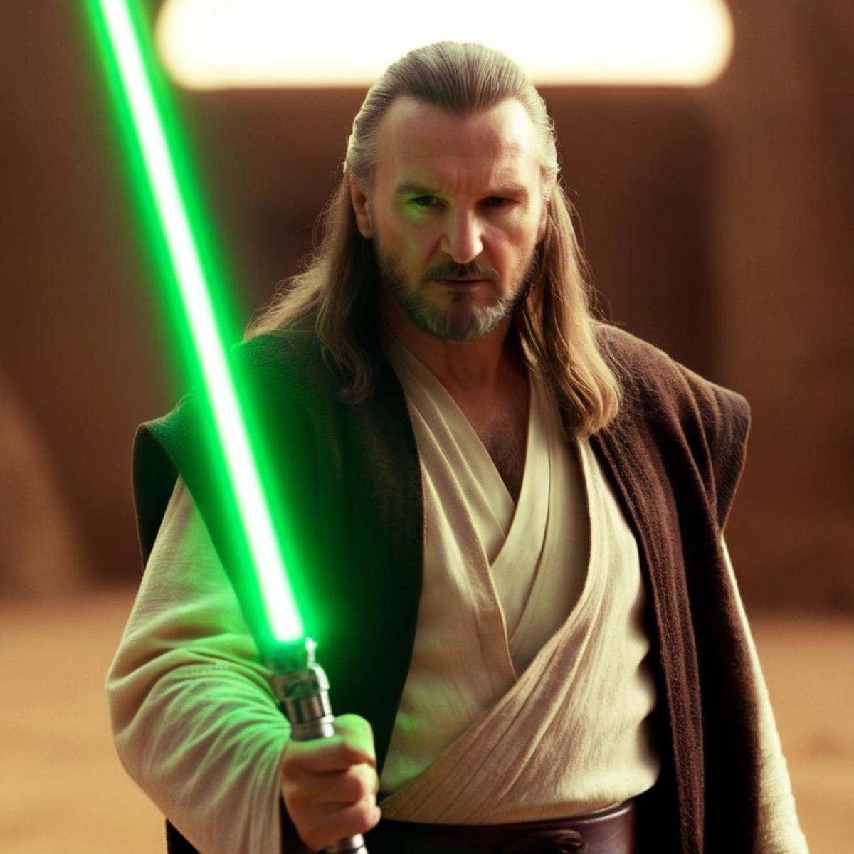 cinematic film still of Qui-Gon Jinn a man with long hair holding a green light saber in star wars universe,  shallow dept...