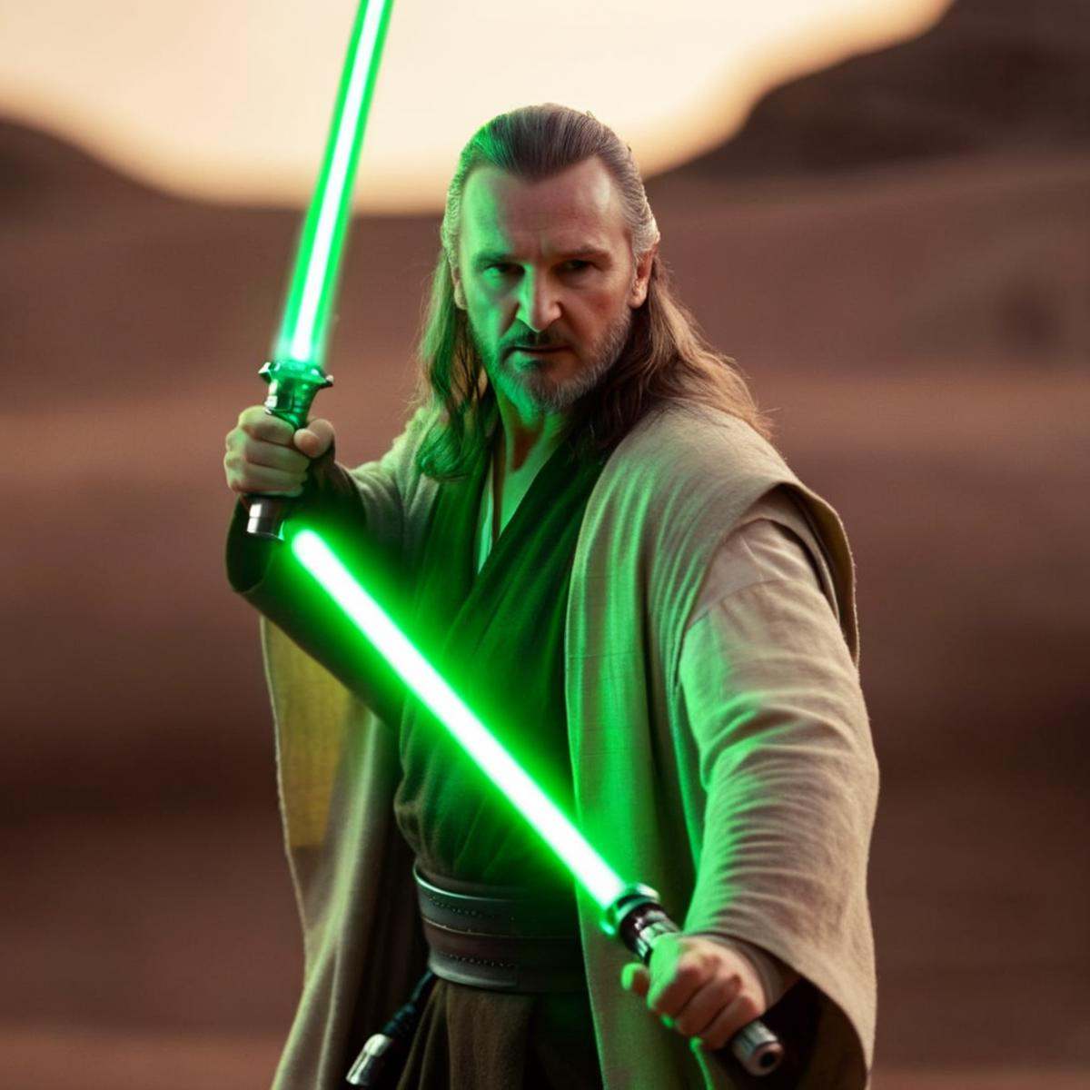 cinematic film still of Qui-Gon Jinn a man with a green light saber in his hand in star wars universe,  shallow depth of f...