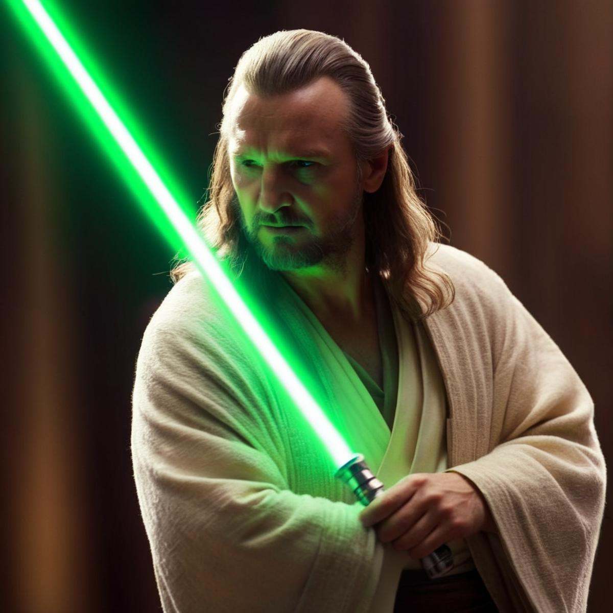 cinematic film still of Qui-Gon Jinn a man in a robe holding a green light saber in star wars universe,  shallow depth of...