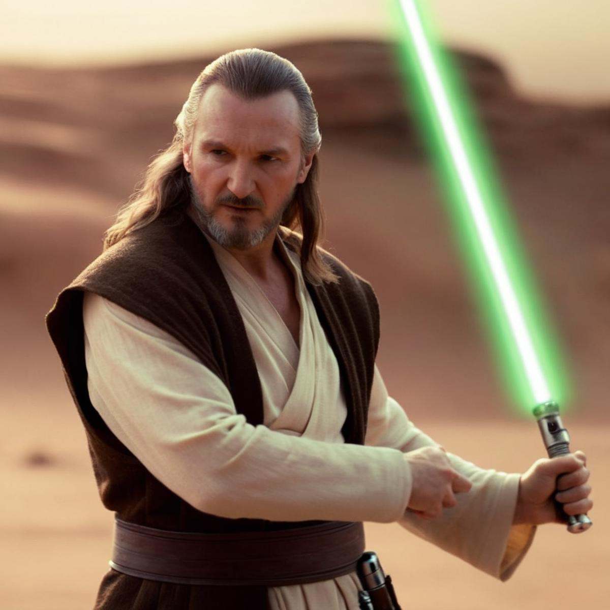 cinematic film still of Qui-Gon Jinn a man with a lightsaber in his hand in star wars universe,  shallow depth of field,...