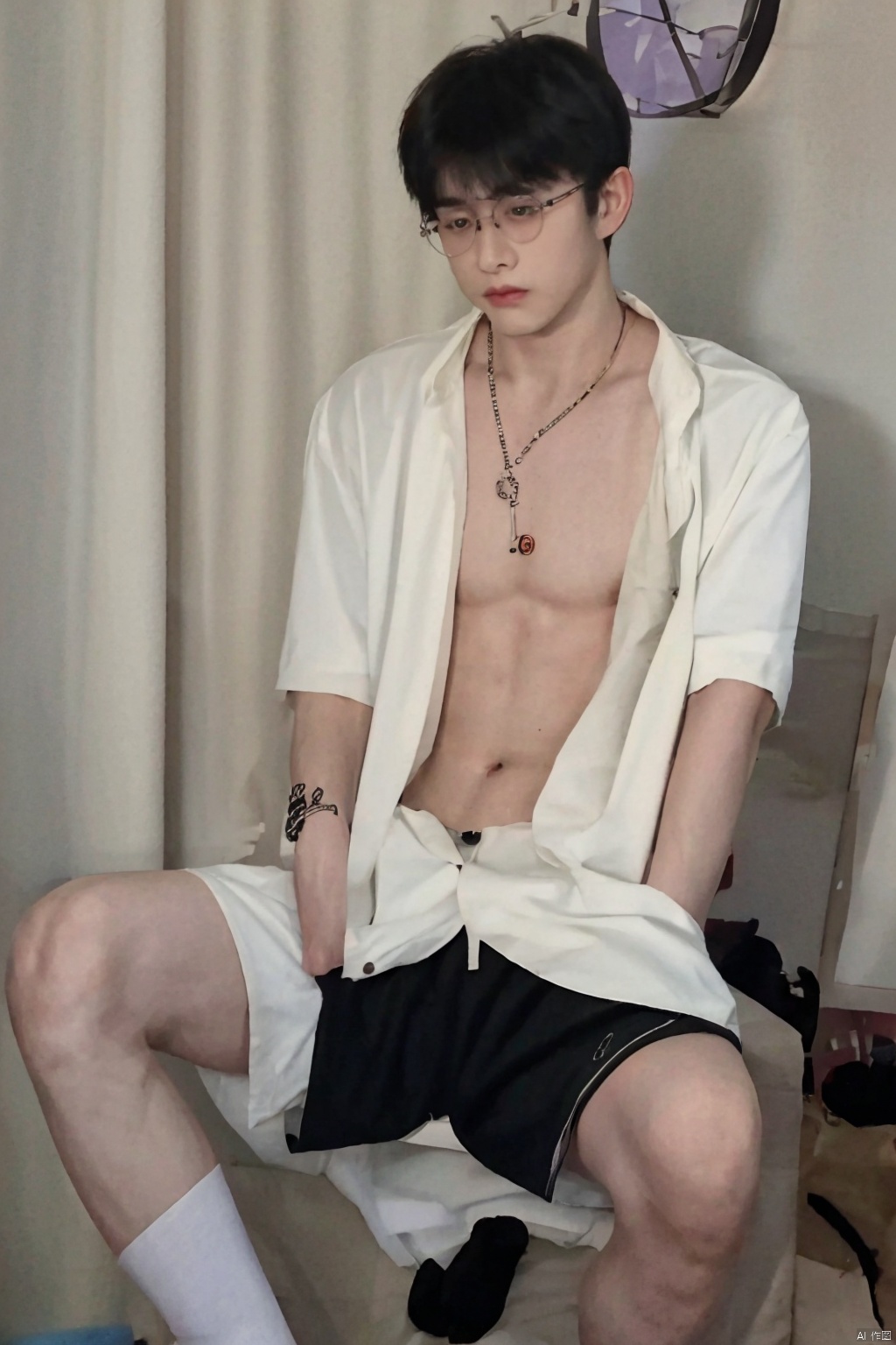  1boy,realistic,large_muscles,cda,black socks,necklace,indoors,wrist_watch,eyes,glasses,sitting,open shirt,open clothes,tattoo,white socks,shorts
,<lora:660447313082219790:1.0>