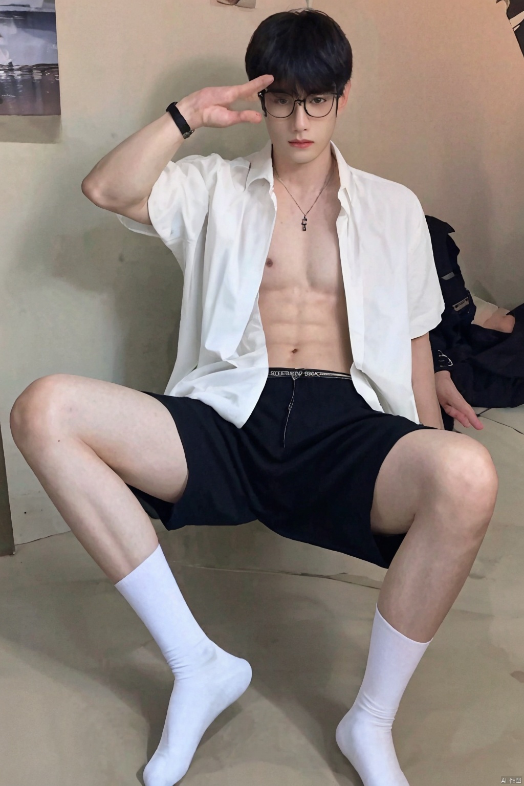  1boy,realistic,large_muscles,cda,black socks,necklace,indoors,wrist_watch,eyes,glasses,sitting,open shirt,open clothes,tattoo,white socks,shorts
,<lora:660447313082219790:1.0>