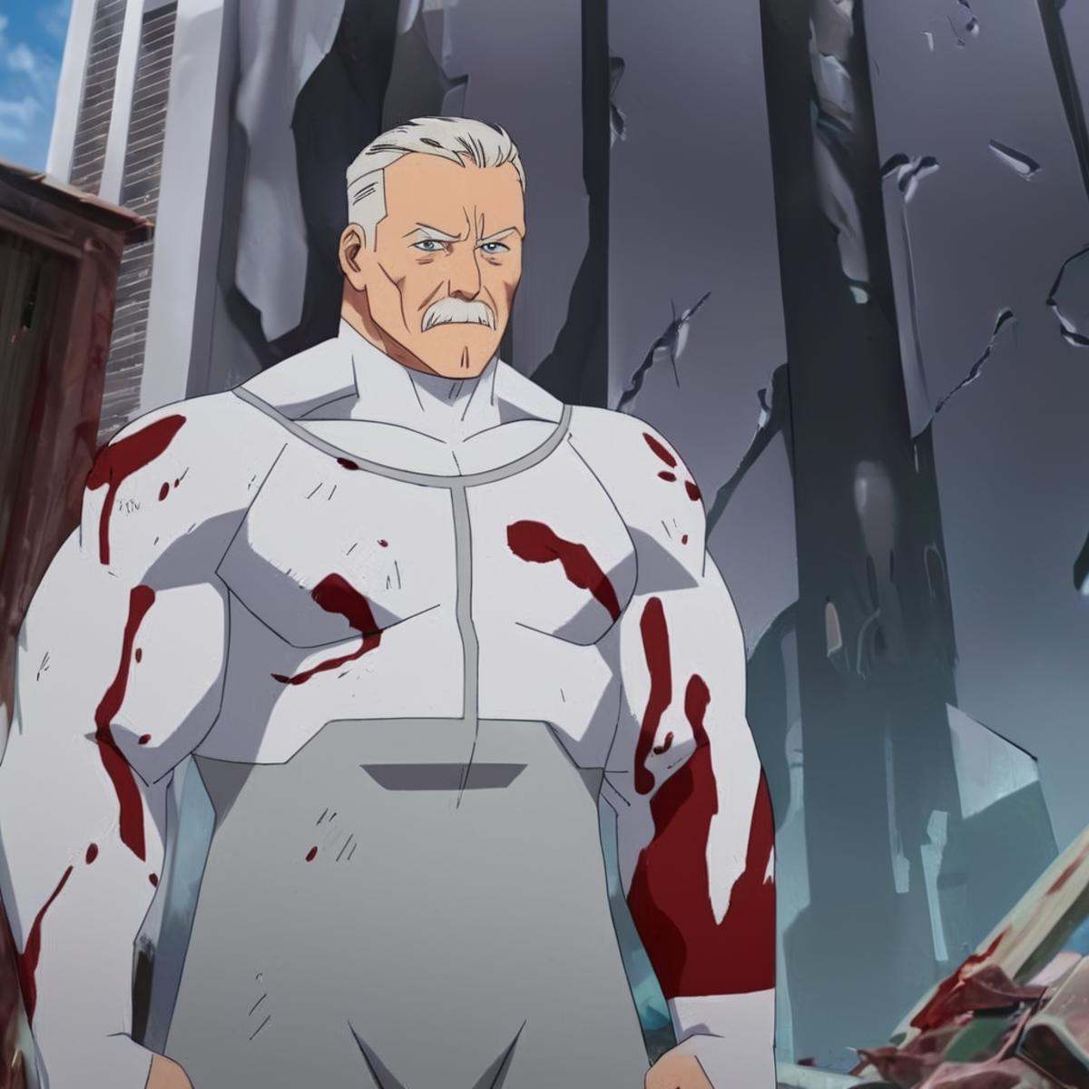 anime artwork of detailed perfect Viltrumite Race an old man with blood on his body standing in front of a building wreck...