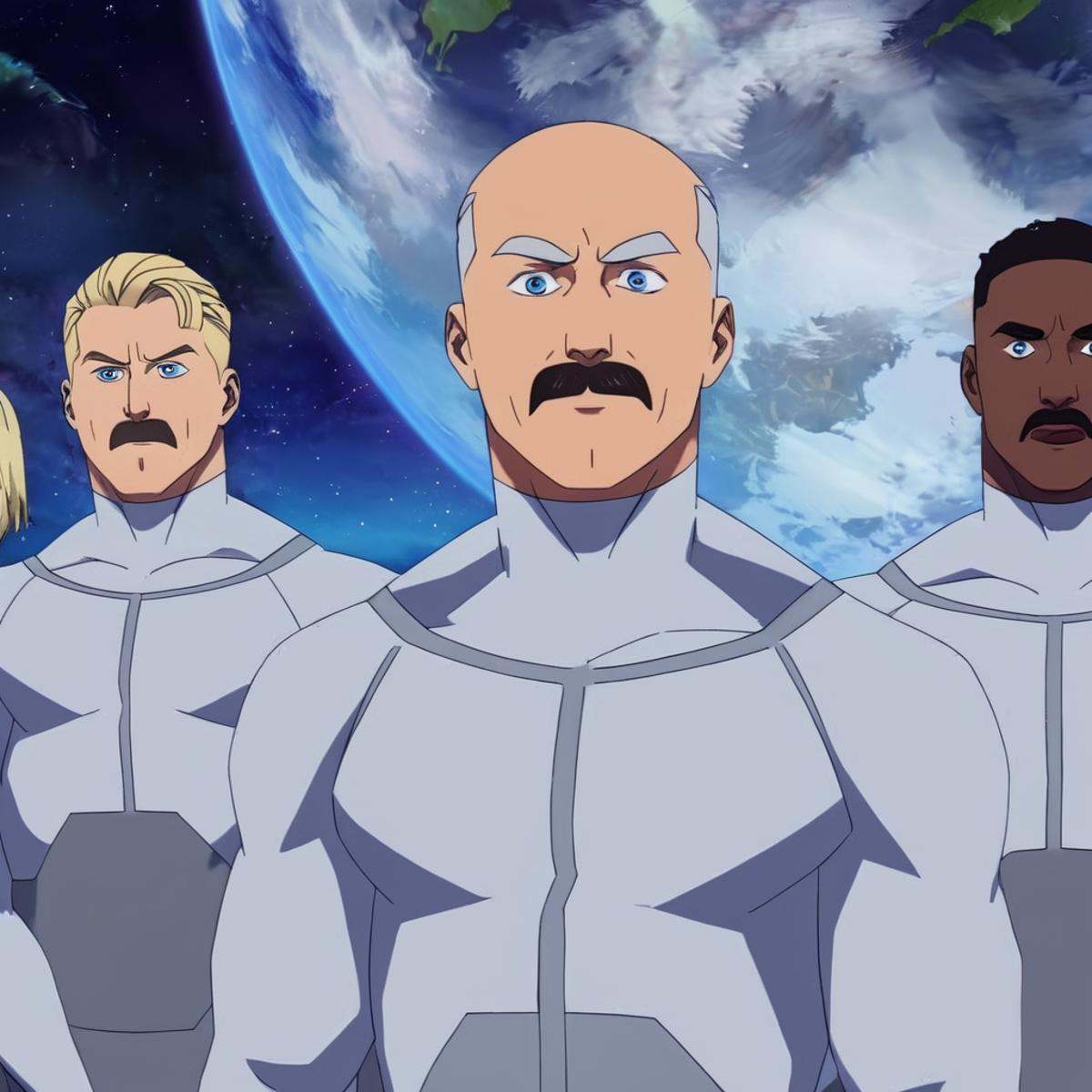 anime artwork of detailed perfect Viltrumite Race a group of people in suits hovering in front of a planet,  Viltrumite Em...