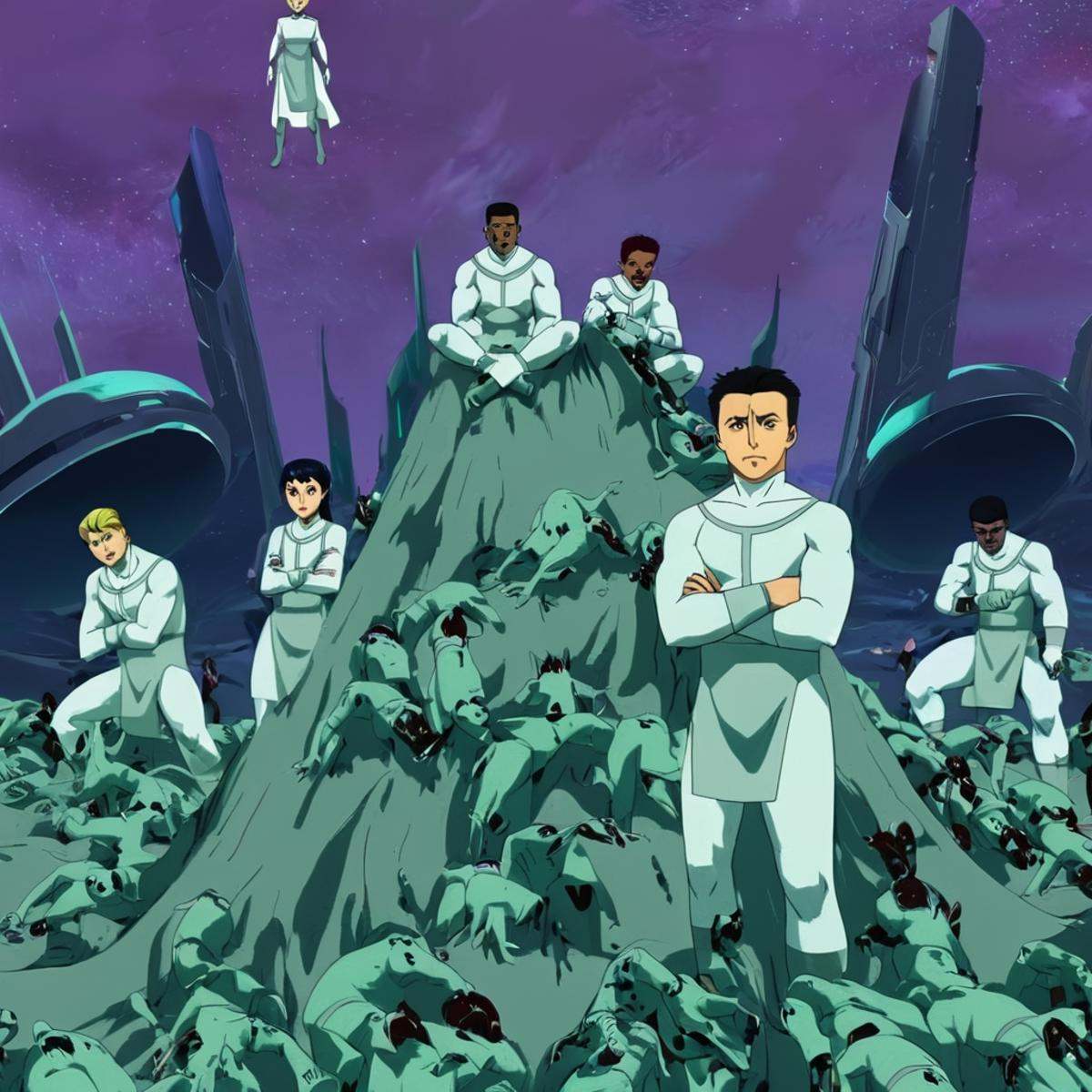 anime artwork of detailed perfect Viltrumite Race a man standing on top of a pile of dead creatures on another planet,  Vi...