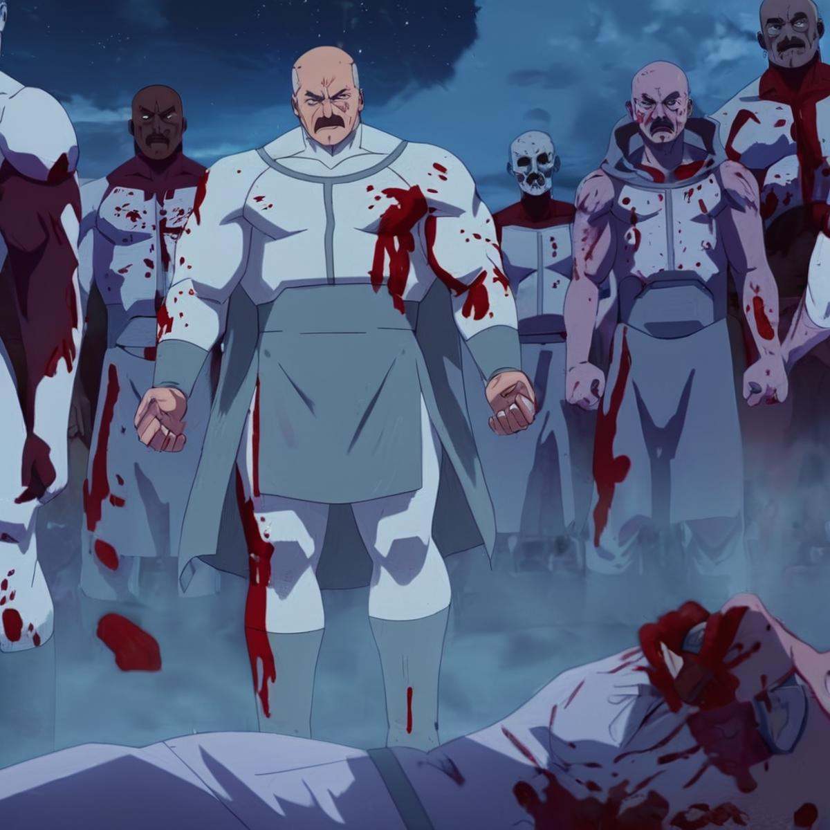 anime artwork of detailed perfect Viltrumite Race a man with blood on his body standing in front of a group of dead people...